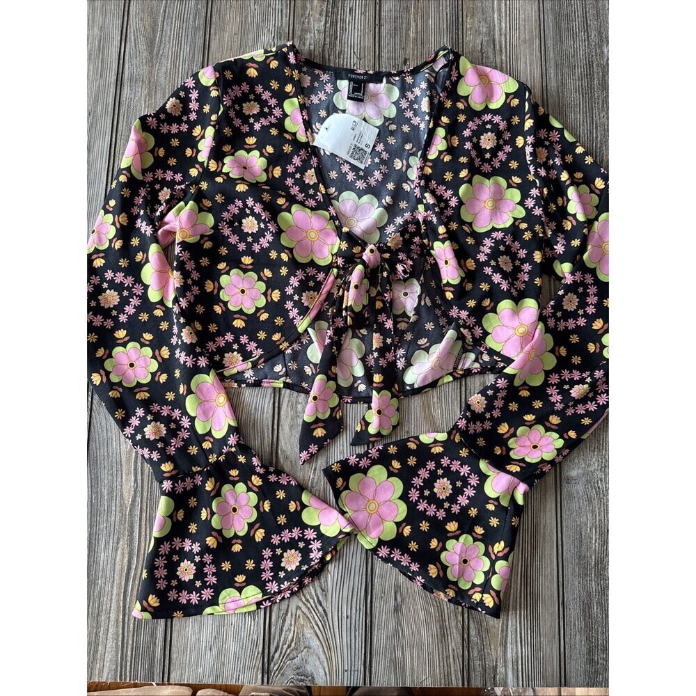 Forever 21 Cropped Top Floral Flower Power Groovy Tie Front Bell Sleeve Hippie S